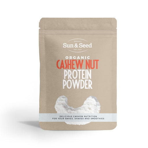 Organic Sun & Seed Cashew Nut Plant Protein Powder in 300g package, showing the beige powder in a jar with a scoop.