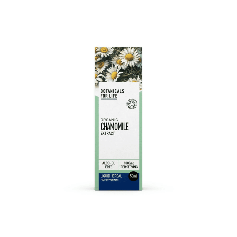 Botanicals For Life Organic Chamomile Extract 50ml bottle with label and dropper for herbal infusion or skincare use.