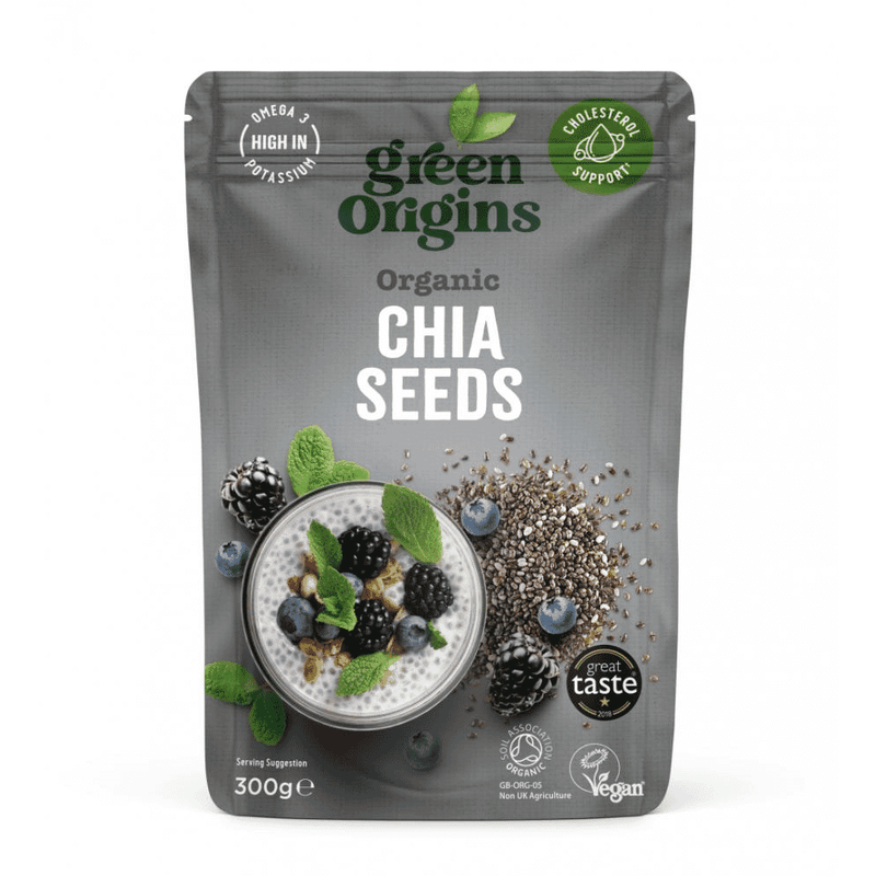 Green Origins Organic Chia Seeds 300g in a clear bag, showing small, dark chia seeds ready for cooking or baking.