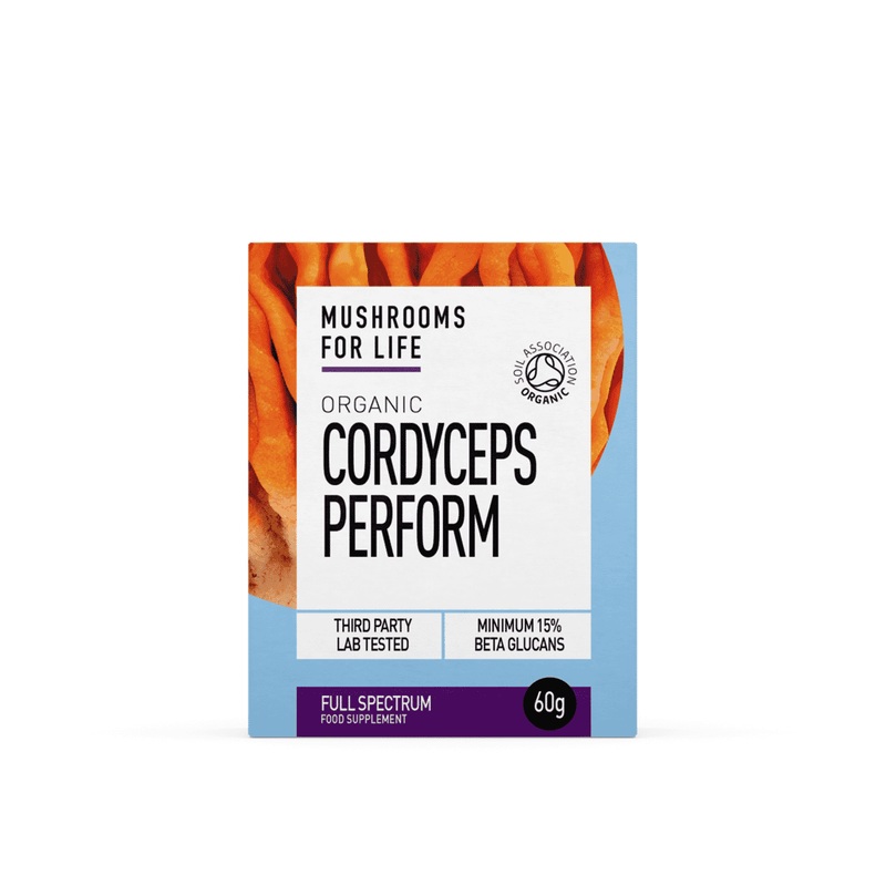 Organic Mushrooms For Life Cordyceps Perform powder in a 60g package, showing the green and white packaging with product details.