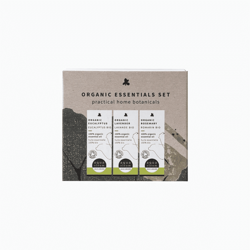 Aqua Oleum Organic Essentials Set with three 10ml bottles of organic essential oils