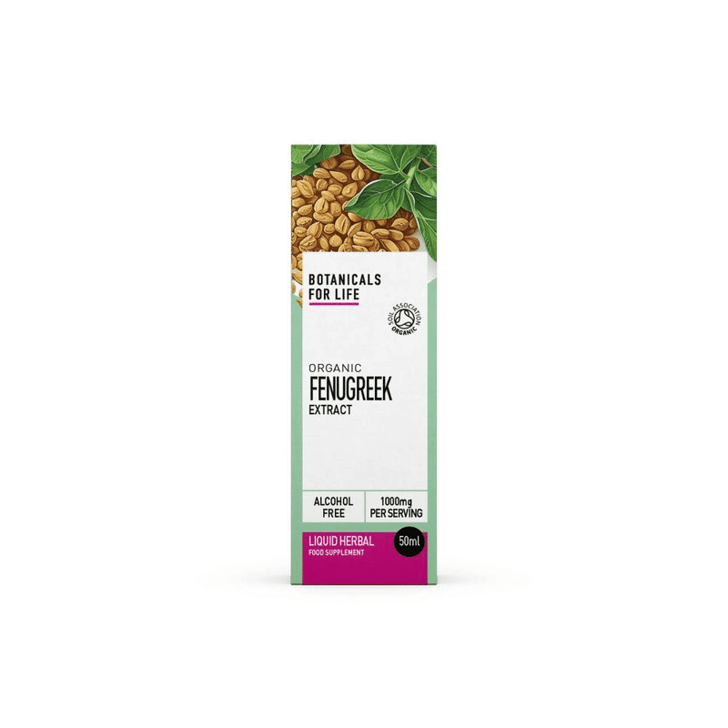 Organic Botanicals For Life Fenugreek Extract 50ml bottle with label and dropper for herbal supplement use.