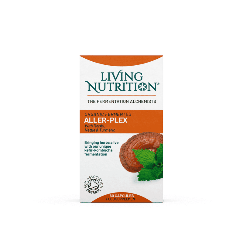Living Nutrition Organic Fermented Aller-Plex supplement bottle with label, showing 60 capsules of allergy support formula.