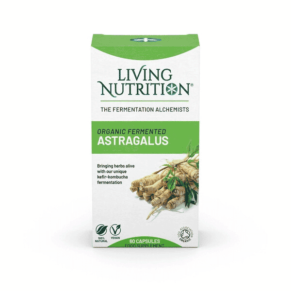 Living Nutrition Organic Fermented Astragalus capsules in a bottle, showing the supplement’s label and capsules inside.