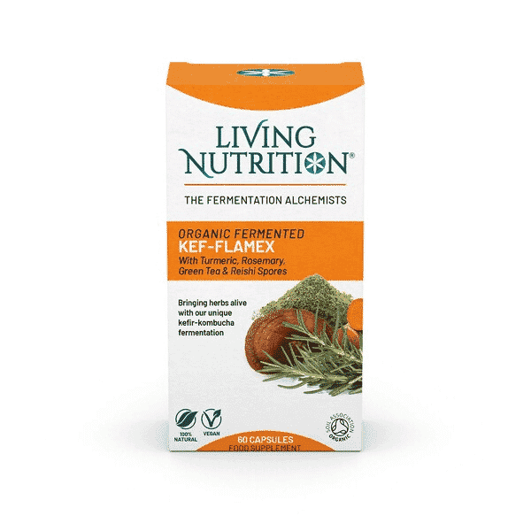 Living Nutrition Organic Fermented Kef-Flamex supplement bottle with 60 capsules on a white background.