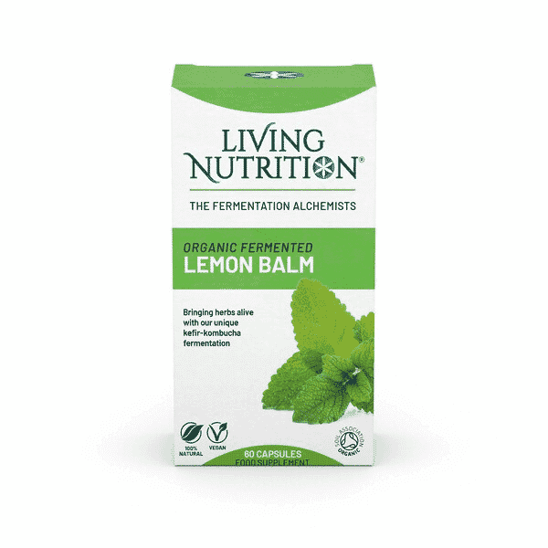 Organic fermented lemon balm supplement from Living Nutrition, showing a bottle with 60 capsules and fresh lemon balm leaves.