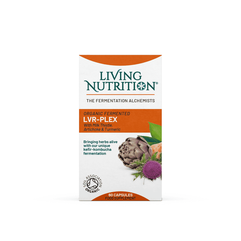 Living Nutrition Organic Fermented LVR-Plex bottle with label, showing 60 capsules of dietary supplement for liver support.