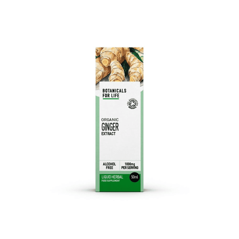 Botanicals For Life Organic Ginger Extract 50ml bottle with amber glass and label, showcasing the herbal supplement product.