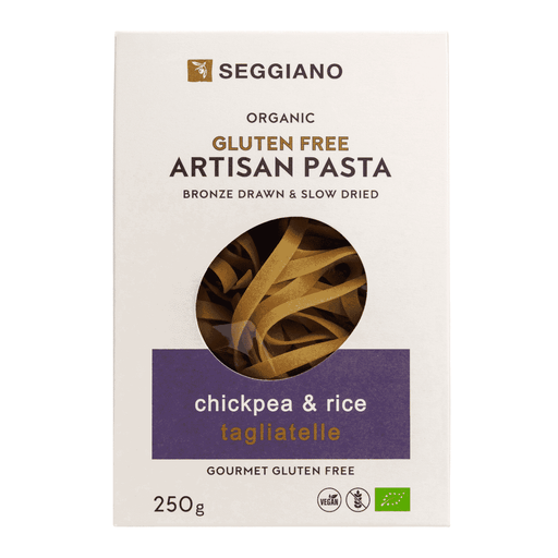 Seggiano Organic Gluten-Free Chickpea and Rice Tagliatelle pasta in 250g package, showcasing the uncooked pasta strands.