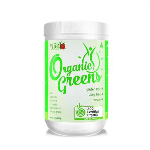 Vital Health Organic Greens powder in a 200g package, showing fresh green vegetable and plant ingredients on the label.