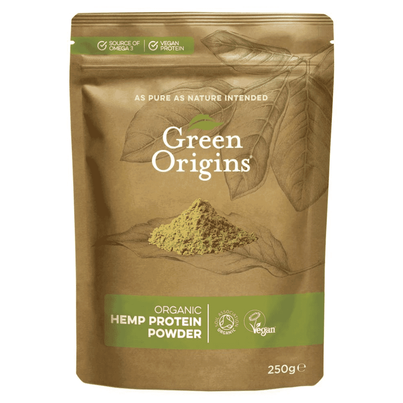 Green Origins organic hemp protein powder in a 250g package, showing the green and white label with hemp plant imagery.