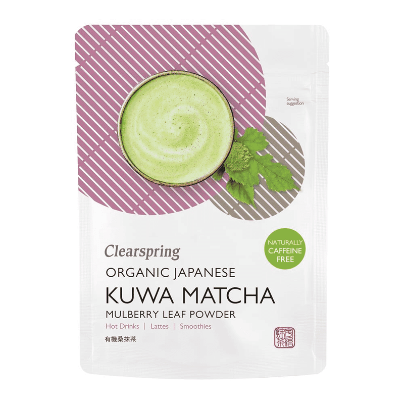 Clear Spring Organic Japanese Kuwa Matcha Mulberry Leaf Powder in a 40g package, showing the powdered green leaf product.
