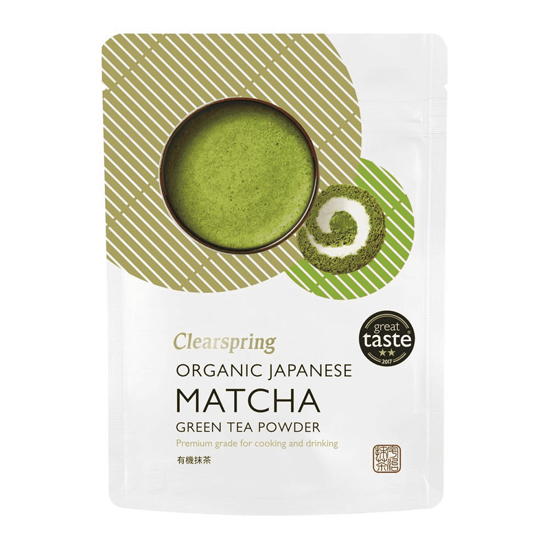 Organic Clearspring Japanese Matcha Green Tea Powder in a 40g package, finely ground vibrant green tea powder for beverages and recipes.