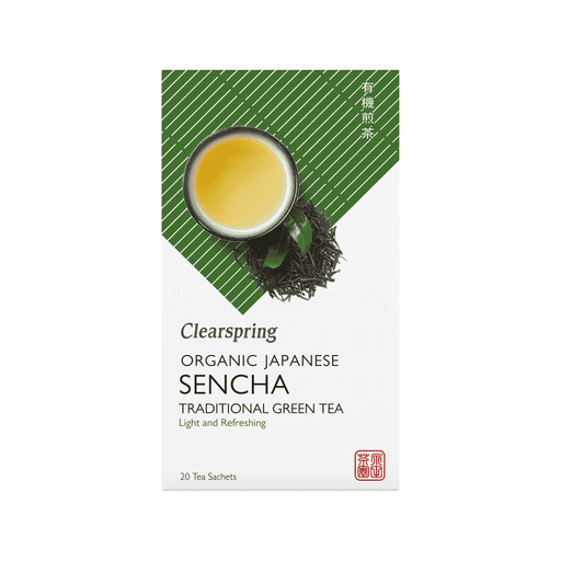 Box of Clearspring Organic Japanese Sencha Green Tea sachets with green tea leaves and packaging design.