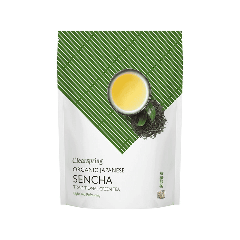 Organic Clearspring Japanese Sencha green tea leaves in a 90g loose tea package, showcasing vibrant green tea leaves.