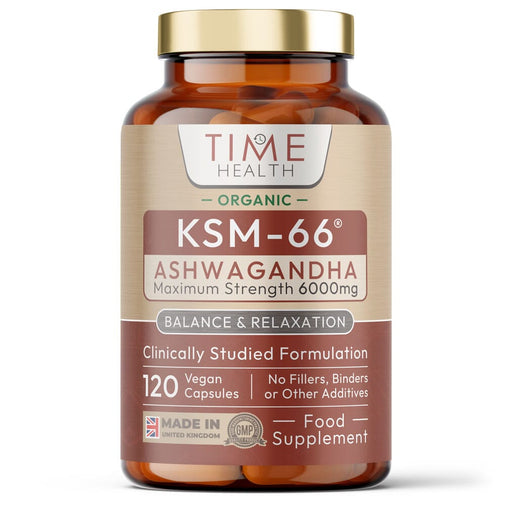 Time Health Organic KSM-66 Ashwagandha capsules in a bottle, showcasing the supplement for stress and vitality support.