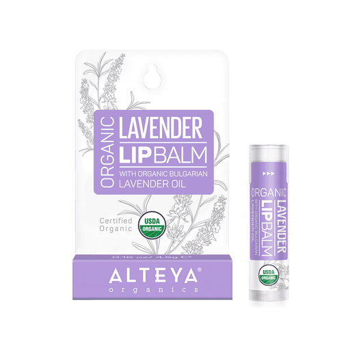 Alteya Organic Lavender Lip Balm in 4.5g container, featuring a lavender-flavored organic lip balm with natural ingredients.