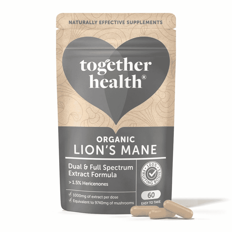 Organic Lion's Mane mushroom supplement by Together Health in a bottle of 60 capsules, showcasing the product label and capsules.