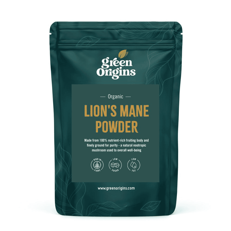 Green Origins Organic Lion's Mane Powder in a clear 100g package, showing the light beige mushroom powder inside.