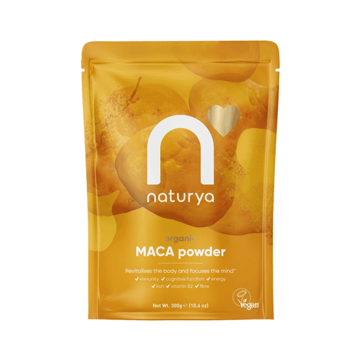 Organic Naturya Maca Powder in a 300g bag, light brown powder with a smooth texture, shown in a clear bag.