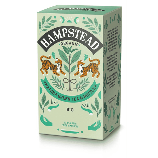 Hampstead Tea Organic Matcha Green Tea and Nettle Tea 20s, featuring green tea powder and dried nettle leaves in a package.