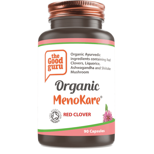 Organic MenoKare Red Clover supplement by the Good guru, shown in 90 capsules, with a close-up of the product bottle.