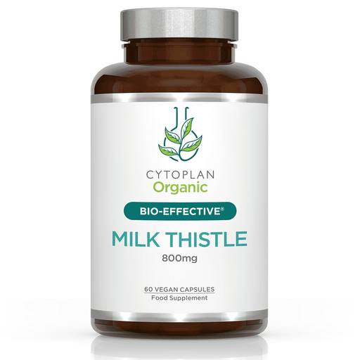 Cytoplan Organic Milk Thistle supplement bottles showing label and capsules, designed for liver health and detox support.