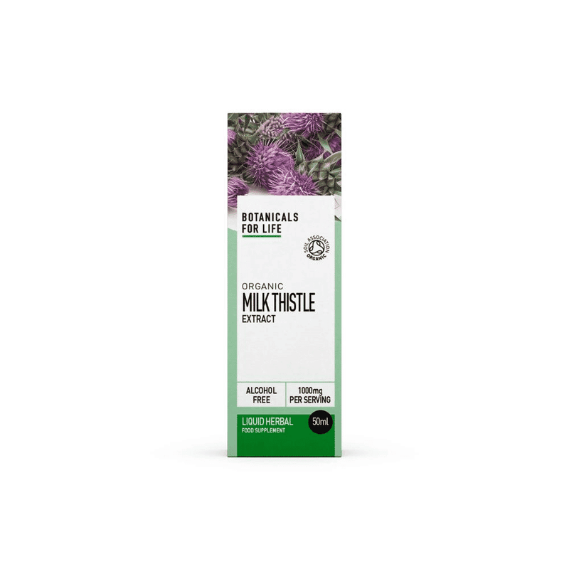 Botanicals For Life Organic Milk Thistle Extract 50ml bottle with label, natural herbal supplement for liver health.