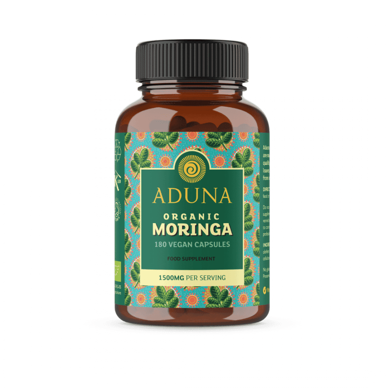 Aduna Organic Moringa Capsules 180-count bottle showing the supplement capsules in a clear container.