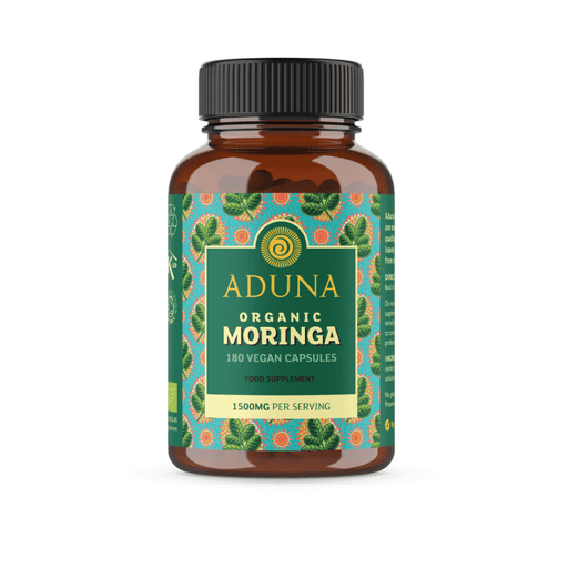 Aduna Organic Moringa Capsules 180-count bottle showing the supplement capsules in a clear container.