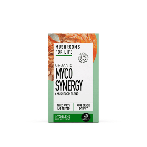 Organic Myco Synergy 6 Mushroom Blend, 60 capsules, pure grade extract, third-party lab tested