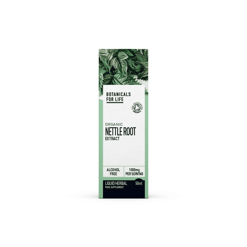 Botanicals For Life Organic Nettle Root Extract 50ml bottle with a label, showcasing a natural herbal supplement product.