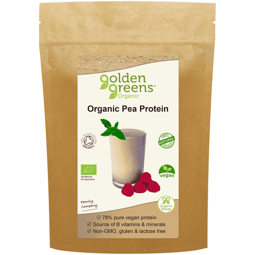 Golden Greens Organic Pea Protein 250g package, showing the label and product bag for natural plant-based protein supplement.