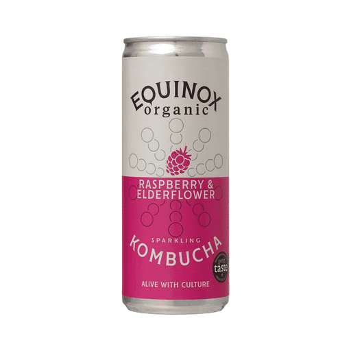 Organic raspberry and elderflower sparkling kombucha by Equinox Kombucha in a 12x250ml case, shown in a crate with bottles.