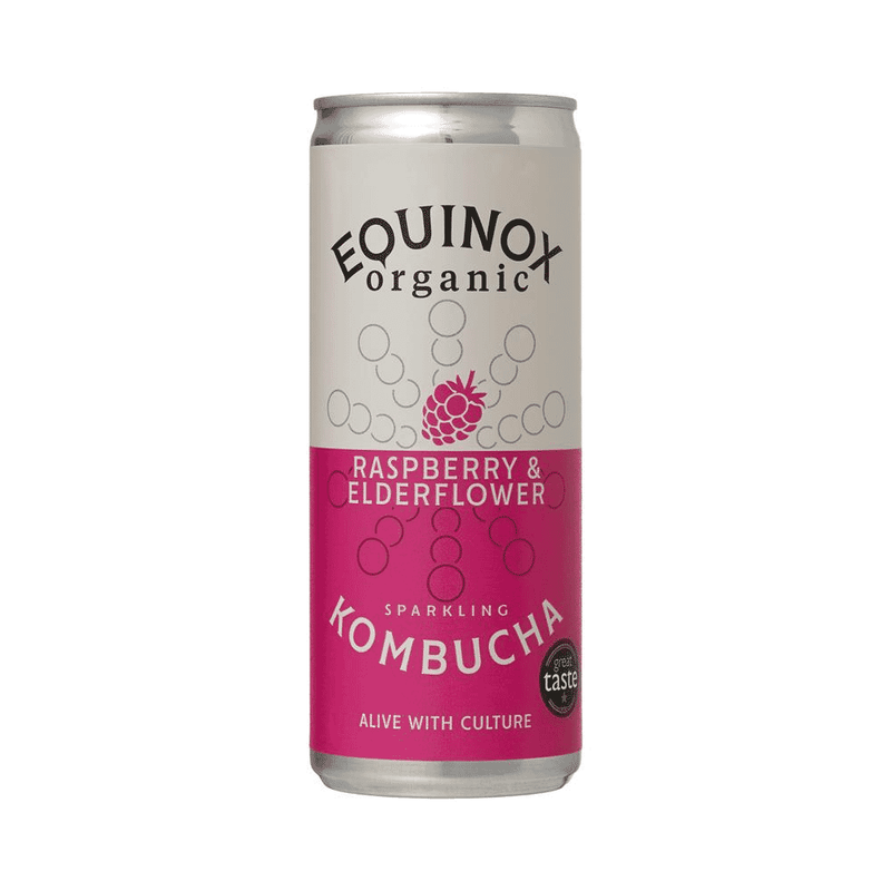 Equinox Kombucha Organic Raspberry & Elderflower sparkling kombucha in a 250ml single can with colorful label.