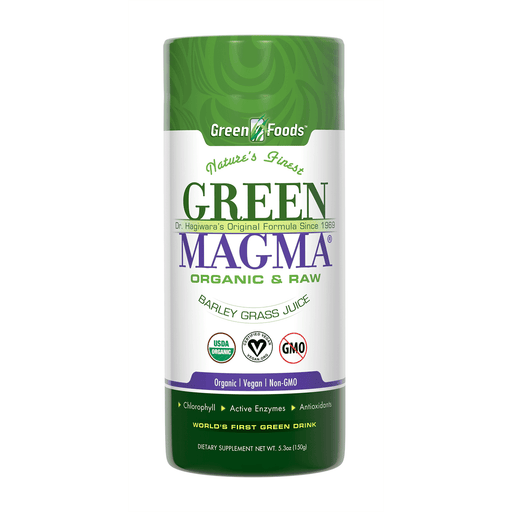 Green Foods Organic Raw Barley Grass Juice Powder in a 150g package, vibrant green powder for health and nutrition.