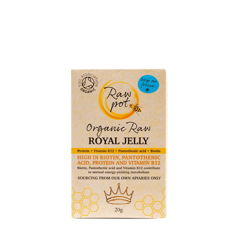 Organic Raw Royal Jelly 20g from Raw Pot, featuring a jar of pure, natural bee royal jelly with fresh, golden appearance.