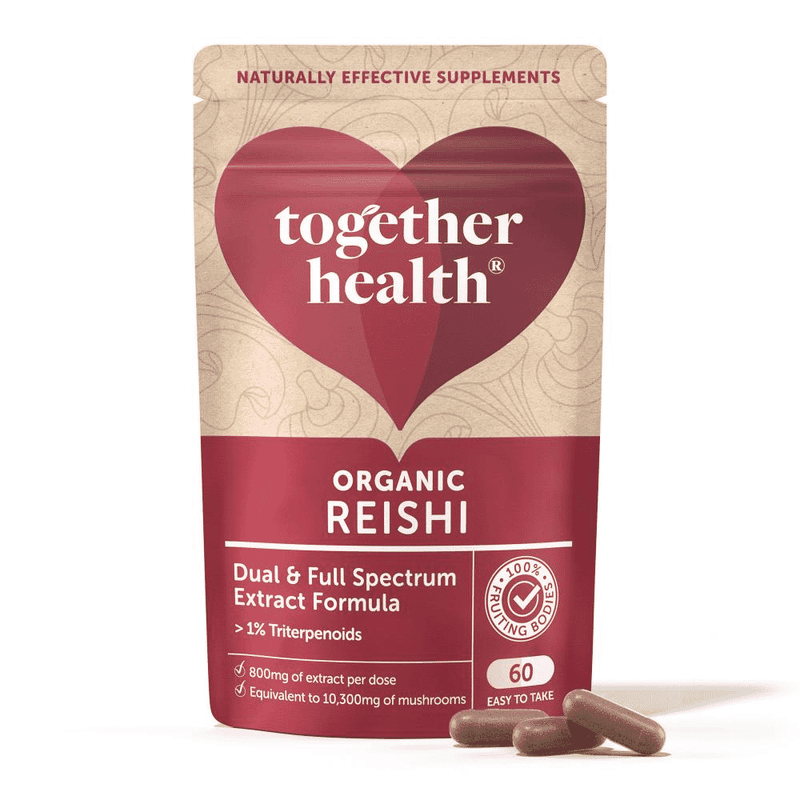 Organic Reishi mushroom supplement by Together Health, 60 capsules in a natural, eco-friendly bottle.