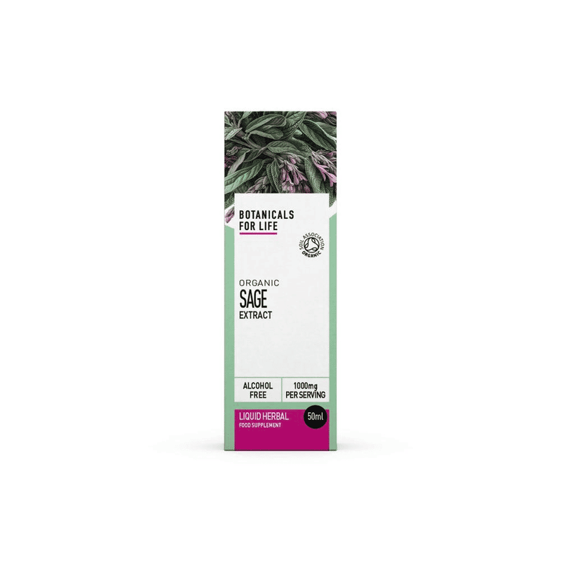 Botanicals For Life Organic Sage Extract 50ml bottle, natural herbal supplement with sage leaves and liquid extract.