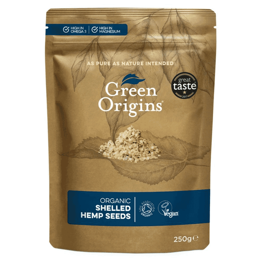 Green Origins organic shelled hemp seeds in a 250g package, showing green hemp seeds in a clear view.