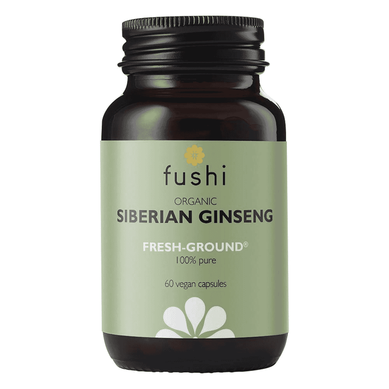 Fushi Organic Siberian Ginseng 60 capsules, green herbal supplement with fresh ginseng roots and natural packaging.