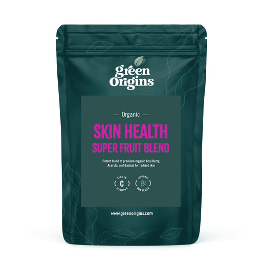 Green Origins Organic Skin Health Super Fruit Blend 100g showing fresh, vibrant mixed super fruits in a clear container.