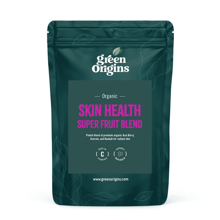 Green Origins Organic Skin Health Super Fruit Blend 100g showing fresh, vibrant mixed super fruits in a clear container.