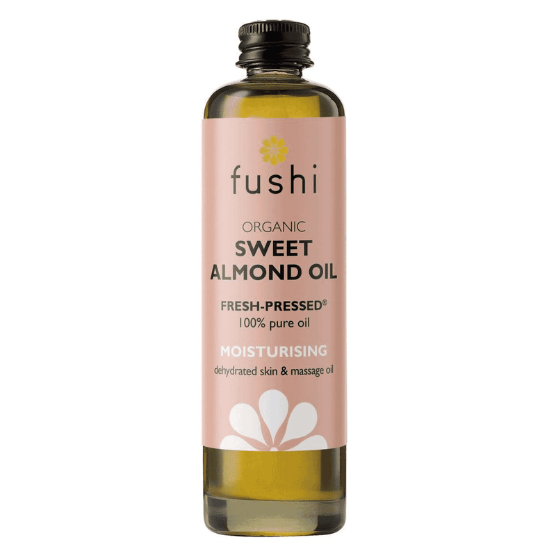 Fushi Organic Sweet Almond Oil 100ml bottle, clear glass container with white label, showcasing natural almond oil for skincare and massage.