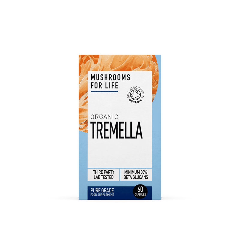 Organic Tremella Mushrooms For Life capsules in a clear plastic bottle, showing 60 capsules on the label.