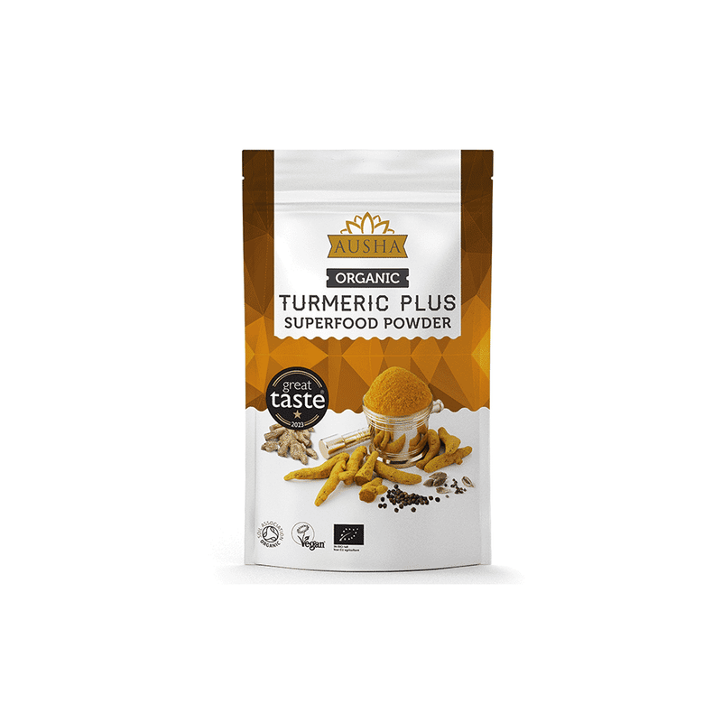 Organic Turmeric Plus Superfood Powder by Ausha in a 250g package, showcasing the bright yellow powder in a clear container.