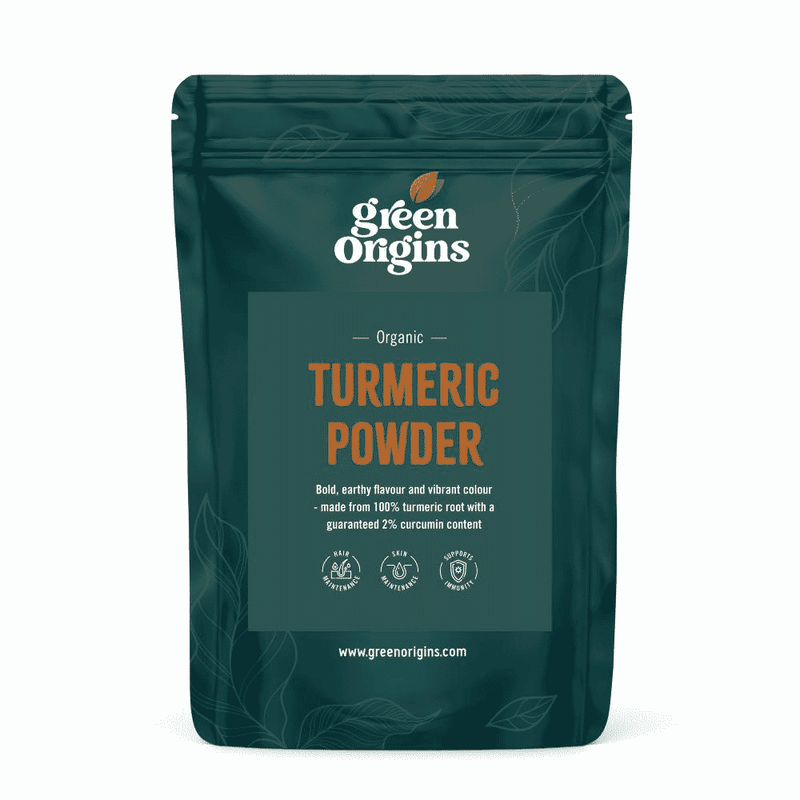 Green Origins Organic Turmeric Powder in a 200g package, fresh bright yellow turmeric spice for cooking and health.