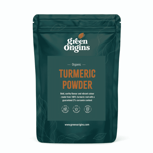 Green Origins Organic Turmeric Powder in a 200g package, fresh bright yellow turmeric spice for cooking and health.
