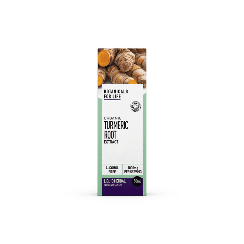 Botanicals For Life Organic Turmeric Root Extract 50ml bottle with label and amber glass container, natural turmeric root extract.