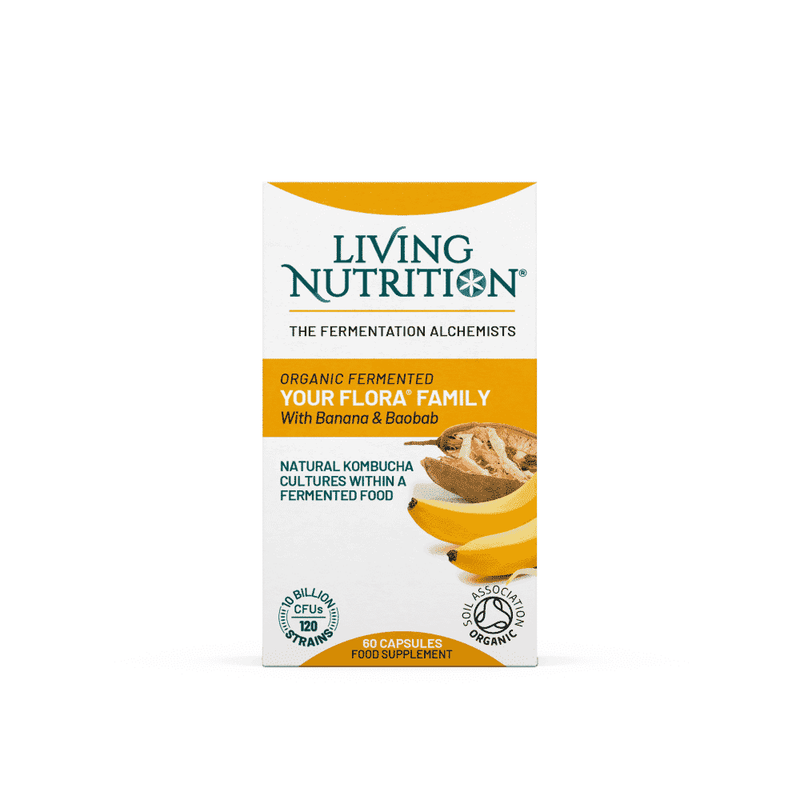 Living Nutrition Organic Your Flora Family probiotic supplement bottle, containing 60 capsules for digestive health.